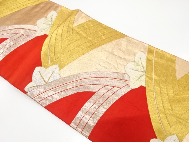 JAPANESE KIMONO / ANTIQUE FUKURO OBI / SILK / WOVEN ROUGH WAVE & AUTUMN LEAVES